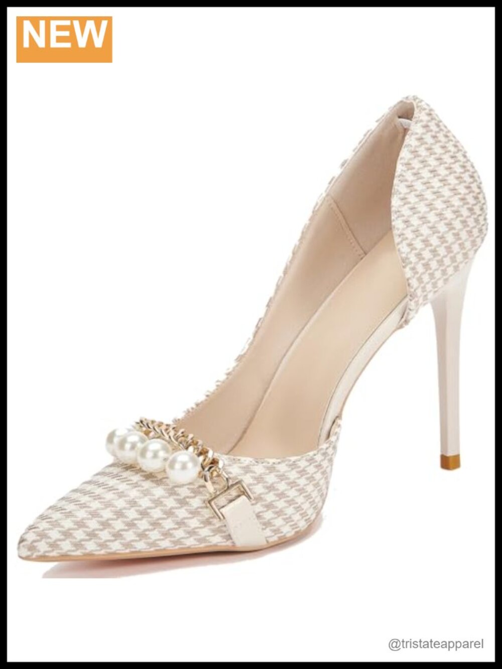 Women's High Heel Stiletto Pumps Pointed Toe Knitted Fabric Pearls Chain